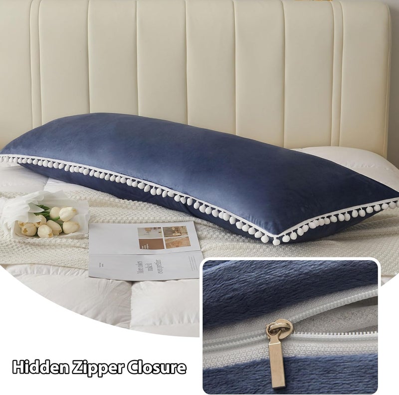 Cottonfry Ultra Soft Velvet Body Pillow Cover/Case Pillowcase with Hidden Zipper, Zippered Body Pillow Case (Navy Blue with Pompom, 20x54) - Image 4