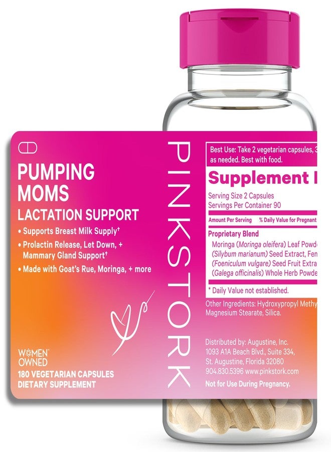 Pink Stork Pumping Moms Lactation Support for Breast Milk Supply with Goat's Rue and Moringa - 180 Capsules - Image 1