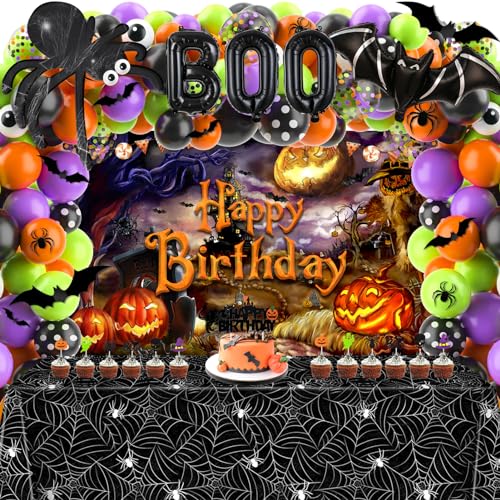 BORAMDO Halloween Birthday Decorations Party Supplies Halloween Themed Party Favors 105 Pcs Including Spider Web Backdrop Tablecloth Cake Toppers Spider Bat Wall Stickers Balloons Arch and kit - Image 1