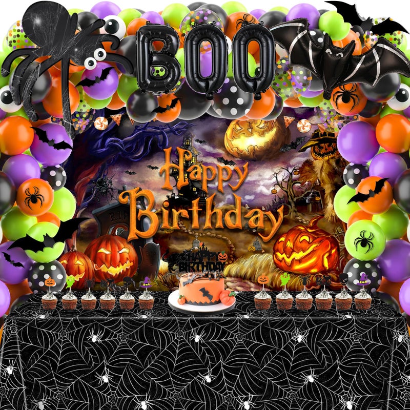 BORAMDO Halloween Birthday Decorations Party Supplies Halloween Themed Party Favors 105 Pcs Including Spider Web Backdrop Tablecloth Cake Toppers Spider Bat Wall Stickers Balloons Arch and kit - Image 2