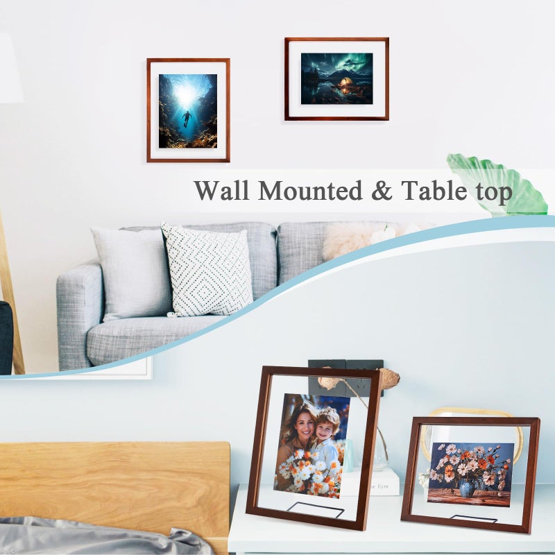 DLQuarts 8x10 Floating Photo Picture Frame  Floating Display 6x8  5x7 or Full Display 8x10 Photos  Solid Wood  Double Glass  2 Pack  Dark Walnut - Image 2