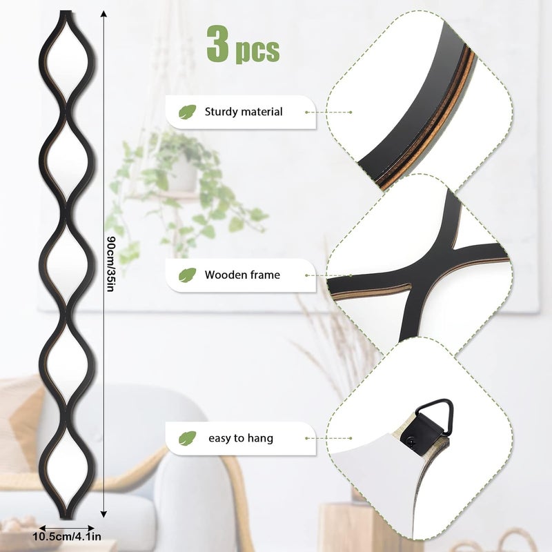 Slasa 3 Pieces Acrylic Teardrop Mirror Wall Decor, Boho Vintage Decorative Narrow Wall Mirrors for Living Room, Bathroom, Bedroom, Black Edge, 90 x 10 cm - Image 2