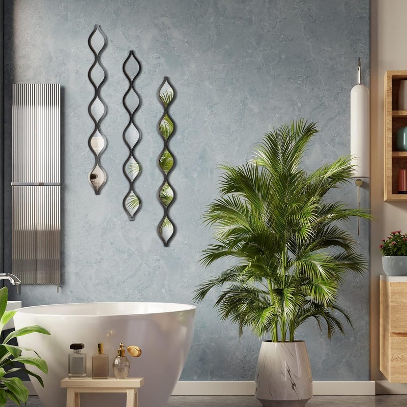 Slasa 3 Pieces Acrylic Teardrop Mirror Wall Decor, Boho Vintage Decorative Narrow Wall Mirrors for Living Room, Bathroom, Bedroom, Black Edge, 90 x 10 cm - Image 4
