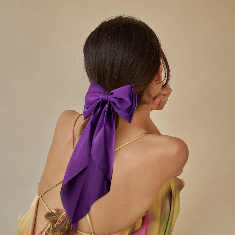 hisial 6Pcs Large Bows Hair Clips for Women Girls Long Tail Hair Ribbon Silky Satin Barrettes Coquette Bows Accessories (Black/Purple/Purplered) - Image 5