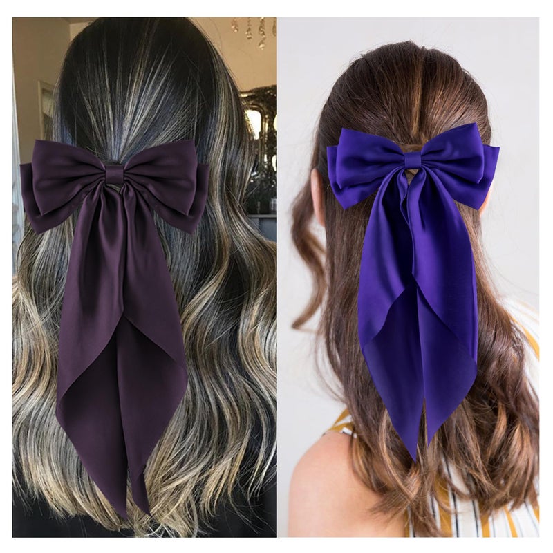 hisial 6Pcs Large Bows Hair Clips for Women Girls Long Tail Hair Ribbon Silky Satin Barrettes Coquette Bows Accessories (Black/Purple/Purplered) - Image 4