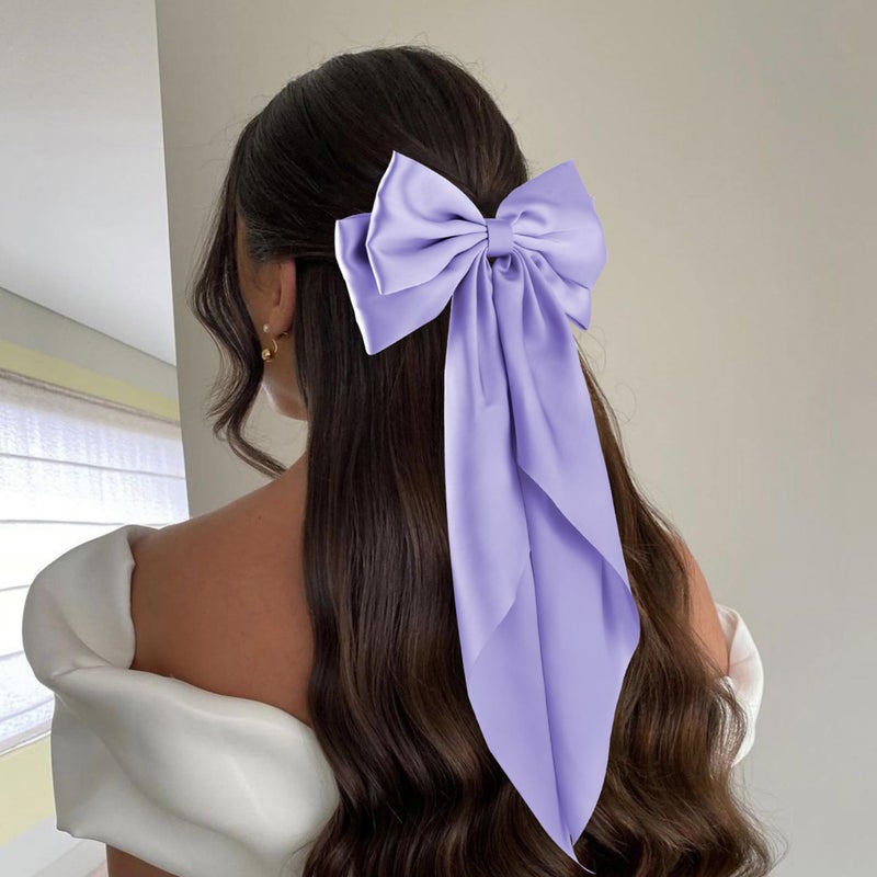 hisial 6Pcs Large Bows Hair Clips for Women Girls Long Tail Hair Ribbon Silky Satin Barrettes Coquette Bows Accessories (Black/Purple/Purplered) - Image 3