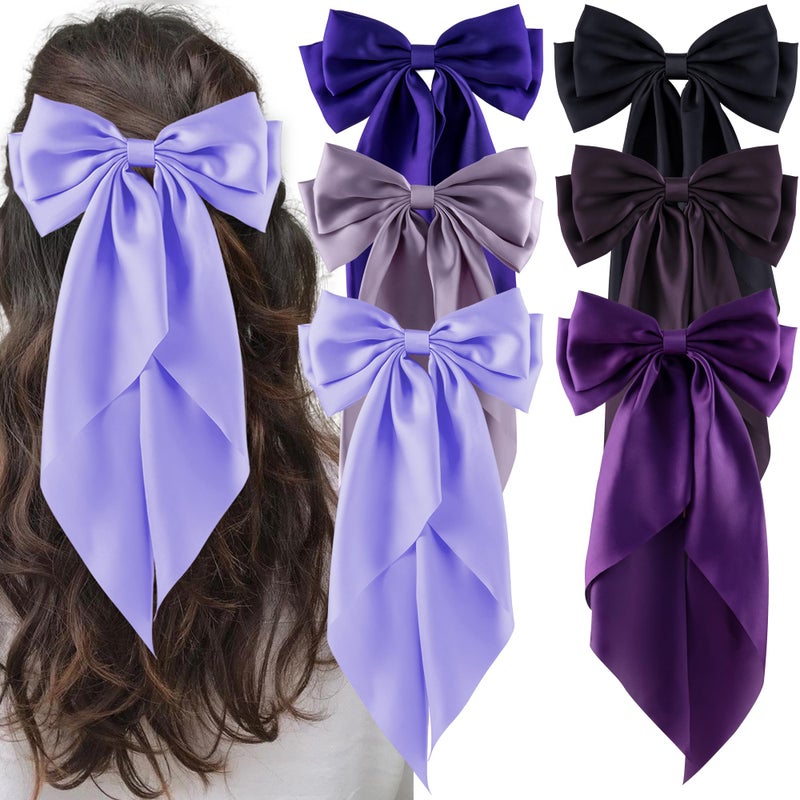 hisial 6Pcs Large Bows Hair Clips for Women Girls Long Tail Hair Ribbon Silky Satin Barrettes Coquette Bows Accessories (Black/Purple/Purplered) - Image 1