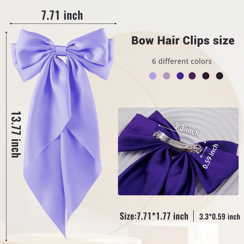 hisial 6Pcs Large Bows Hair Clips for Women Girls Long Tail Hair Ribbon Silky Satin Barrettes Coquette Bows Accessories (Black/Purple/Purplered) - Image 2