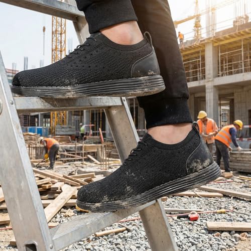 Furuian Steel Toe Shoes for Men Safety Shoes for Men Casual Dress Work Sneakers Lightweight Steel Toe Work Sneakers Comfortable Safety Tennis Oxfords All Black - Image 3