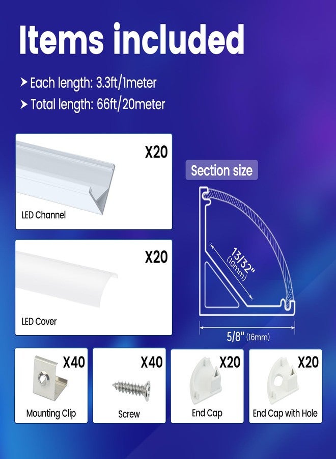 Muzata 20Pack 3.3FT/1M V Shape LED Channel Silver Aluminum LED Strip Diffuser Channel with Milky White Cover Frosted Corner Lighting Easy Installation V1SW WW 1M - Image 5