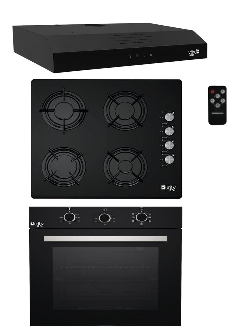 Purity Purity 60cm set consisting of a 650m3 ptslimplusbl hood hob + a 60cm crystal black hob PT601GLBL + a 60cm gas oven and a gas grill. 
