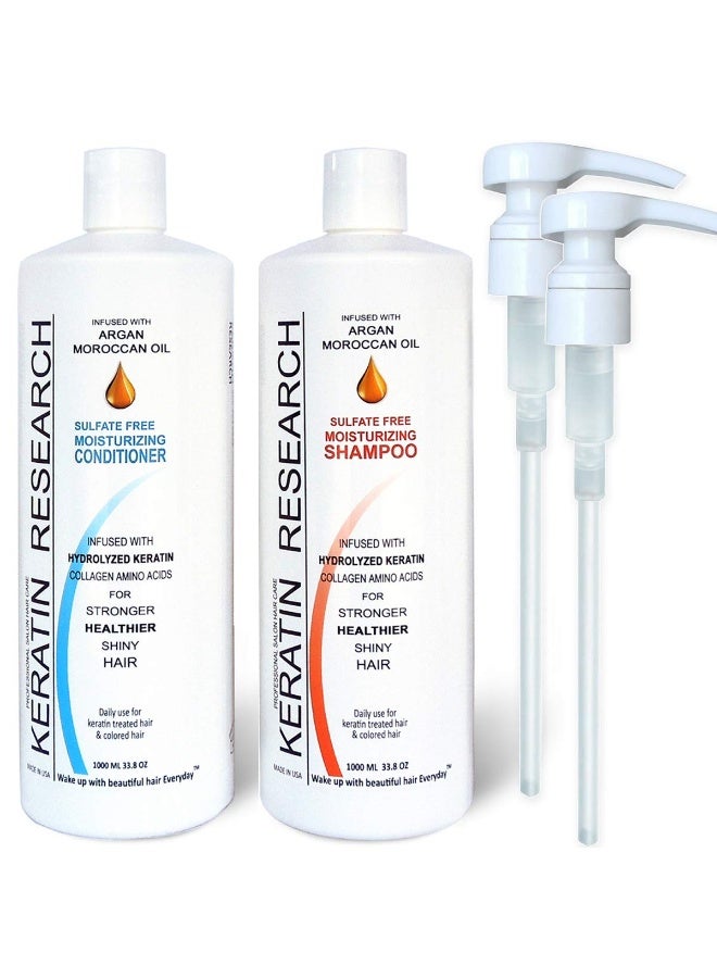 KERATIN RESEARCH Sulfate Free Shampoo & Conditioner 2 x 1 LITER Bottles Set infused with Moroccan Argan Oil, By Keratin Research post treatment shampoo  - Image 1