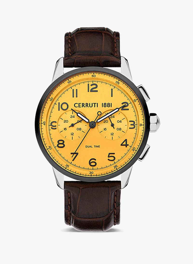 Men's Round Shape Leather Band Analog Wrist Watch 44 mm - Orange Dial - CIWGF2224904