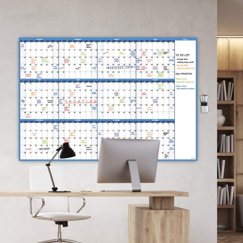 JJPRO تقويم حائط كبير قابل للمسح الجاف - 52"x36" - تقويم سنوي فارغ غير مؤرخ - مخطط لوح أبيض متميز مغلف - تقويم مكتبي عملاق قابل لإعادة الاستخدام لمدة 12 شهرًا - Image 5