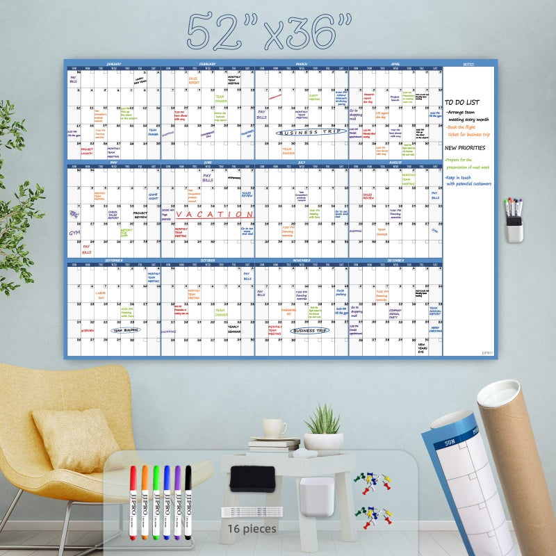 JJPRO تقويم حائط كبير قابل للمسح الجاف - 52"x36" - تقويم سنوي فارغ غير مؤرخ - مخطط لوح أبيض متميز مغلف - تقويم مكتبي عملاق قابل لإعادة الاستخدام لمدة 12 شهرًا - Image 1