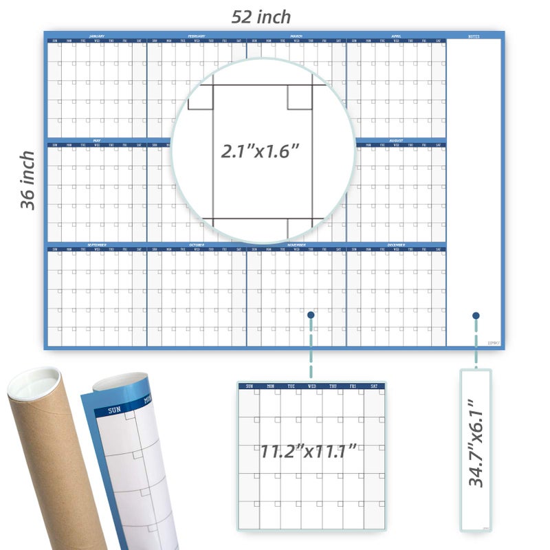 JJPRO تقويم حائط كبير قابل للمسح الجاف - 52"x36" - تقويم سنوي فارغ غير مؤرخ - مخطط لوح أبيض متميز مغلف - تقويم مكتبي عملاق قابل لإعادة الاستخدام لمدة 12 شهرًا - Image 4