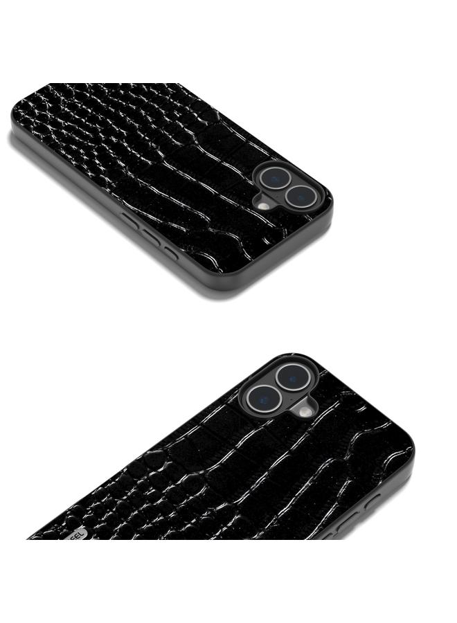 اس-توب جراب هاتف من الجلد الطبيعي بتصميم جلد التمساح من ABEEL لهاتف iPhone 16 Plus، بحافة سوداء - Image 2