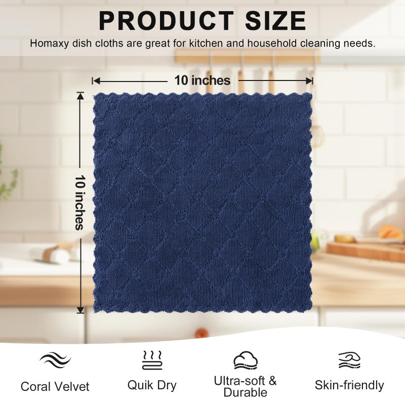 Homaxy 12 Pack Kitchen Dish Cloths (10 x 10 Inches, Navy Blue), Super Soft and Absorbent Coral Velvet Dish Towels, Nonstick Oil Fast Drying Microfiber Cleaning Cloth, No Lint Household Dishcloths - Image 5