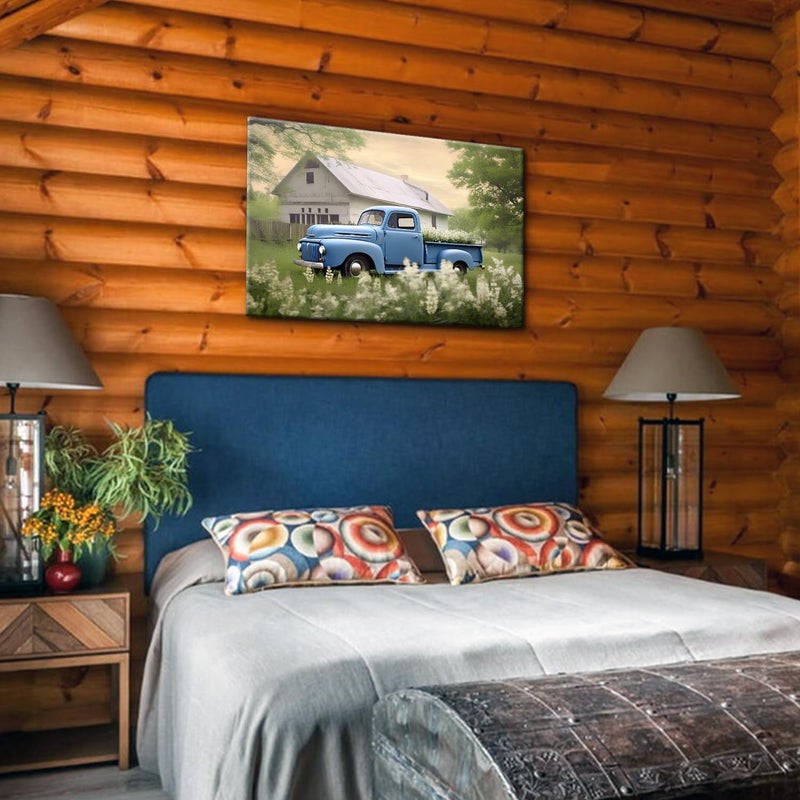GLOKAKA Country Wall Art Farmhouse Blue Car with White Barn Flower Landscape Picture Vintage Painting Rustic Old Truck Farm Wall Decor Artwork for Home Living Room Bedroom - Image 5