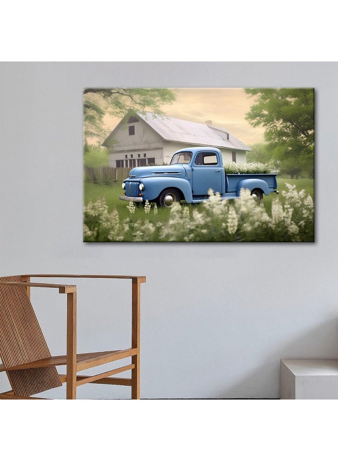 GLOKAKA Country Wall Art Farmhouse Blue Car with White Barn Flower Landscape Picture Vintage Painting Rustic Old Truck Farm Wall Decor Artwork for Home Living Room Bedroom - Image 3