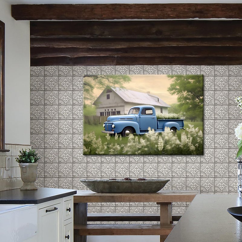 GLOKAKA Country Wall Art Farmhouse Blue Car with White Barn Flower Landscape Picture Vintage Painting Rustic Old Truck Farm Wall Decor Artwork for Home Living Room Bedroom - Image 4