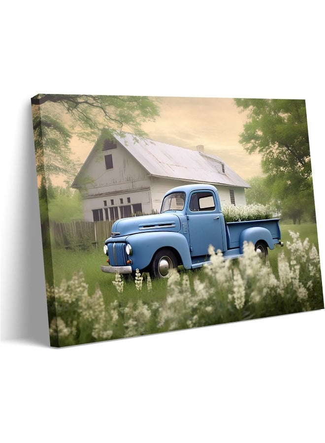 GLOKAKA Country Wall Art Farmhouse Blue Car with White Barn Flower Landscape Picture Vintage Painting Rustic Old Truck Farm Wall Decor Artwork for Home Living Room Bedroom - Image 1