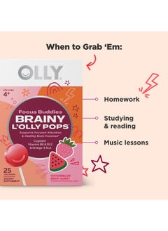 OLLY OLLY Focus Buddies L’OLLY Pops, Omega-3 ALA, B6, B12, Cognizin®, Kids Supplement Lollipops to Supports Focused Attention & Healthy Brain Function, Vegetarian, Watermelon Strawberry, 25 Count  - Image 3