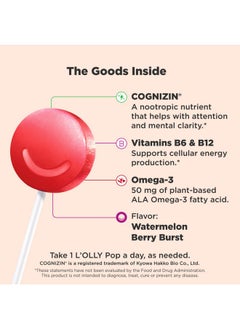 OLLY OLLY Focus Buddies L’OLLY Pops, Omega-3 ALA, B6, B12, Cognizin®, Kids Supplement Lollipops to Supports Focused Attention & Healthy Brain Function, Vegetarian, Watermelon Strawberry, 25 Count  - Image 2