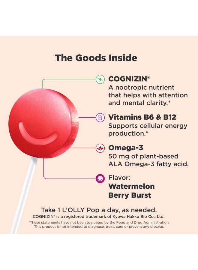 OLLY Focus Buddies L'OLLY Pops، Omega-3 ALA، B6، B12، Cognizin®، مكمل غذائي للأطفال على شكل مصاصات لدعم التركيز ووظيفة الدماغ الصحية، نباتي، بطيخ وفراولة، 25 قطعة - Image 2