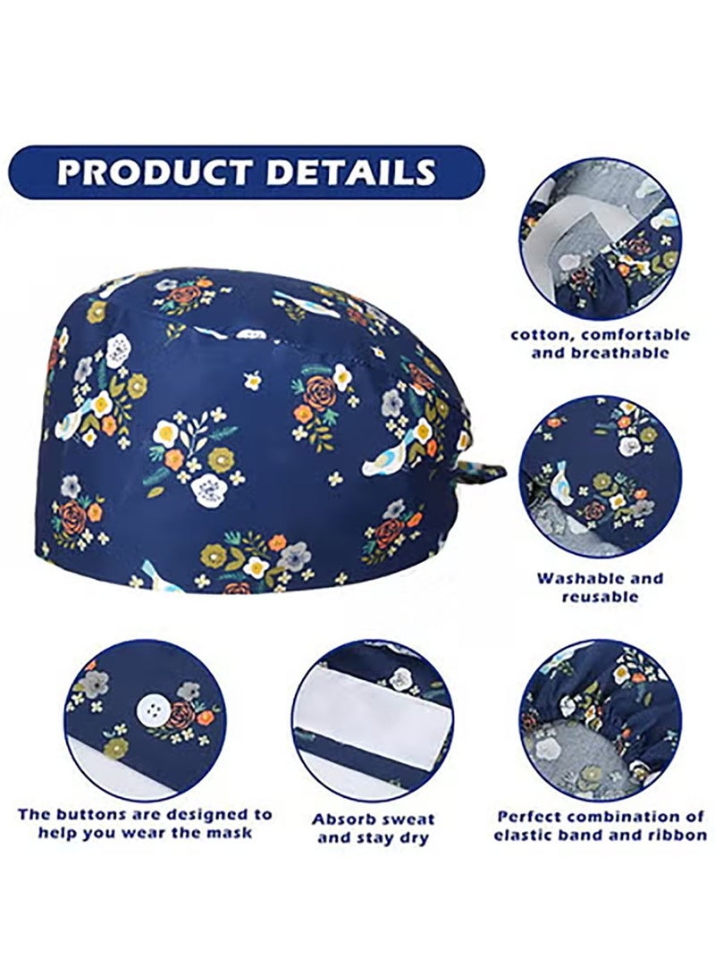 Generic 3 Pack Working Caps with Buttons and Sweatband Cotton Printed Bouffant Hats Adjustable Elastic Tie Back Hats for Women and Men Breathable Scrub Cap  - Image 2
