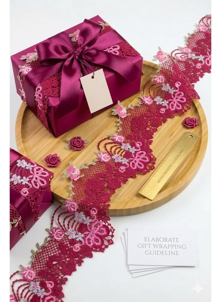 Premium 5-Yards Floral Embroidered Lace Trim – 3D Rose & Leaf Design – Luxury Magenta Mesh Border for Abayas, Dresses, and Home Decor - Image 1
