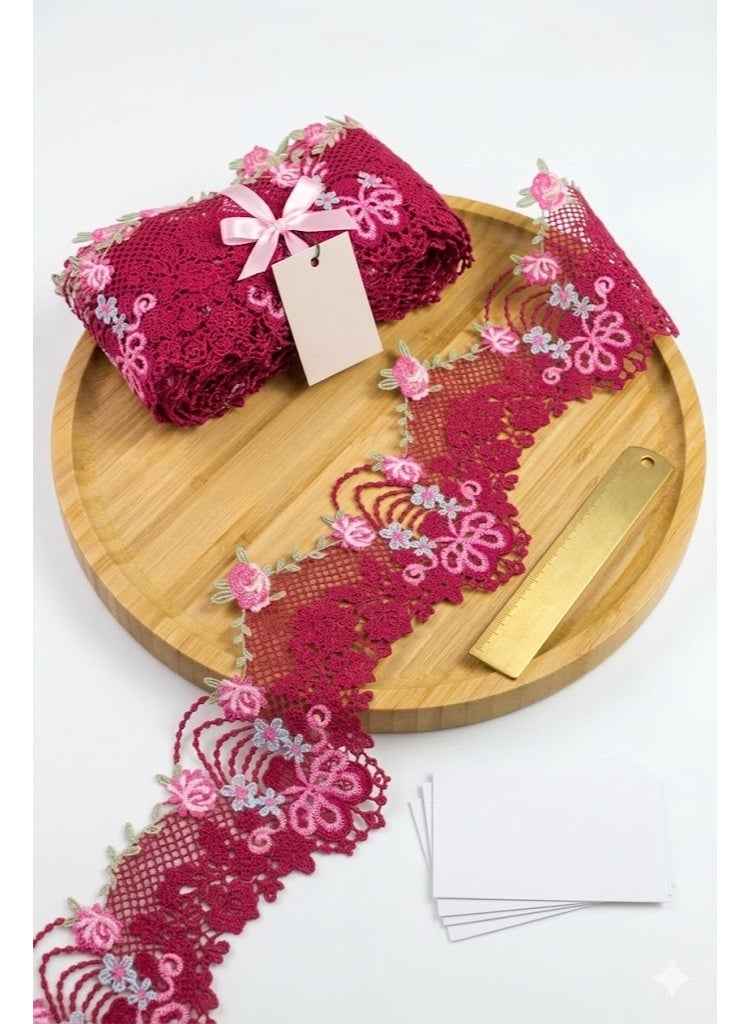 Premium 5-Yards Floral Embroidered Lace Trim – 3D Rose & Leaf Design – Luxury Magenta Mesh Border for Abayas, Dresses, and Home Decor - Image 3