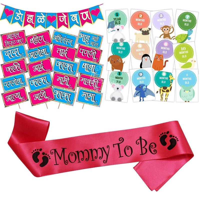 Wobbox Marathi Baby Shower Decoration Items| Baby Shower Ceremony Photo Booth Props for Photoshoot, Baby Shower Banner& Mom to Be Sash with Milestone Card, Godh Bharai Ceremony Decoration Kit-(FP220) - Image 1