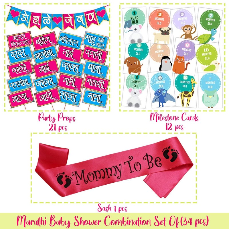 Wobbox Marathi Baby Shower Decoration Items| Baby Shower Ceremony Photo Booth Props for Photoshoot, Baby Shower Banner& Mom to Be Sash with Milestone Card, Godh Bharai Ceremony Decoration Kit-(FP220) - Image 2