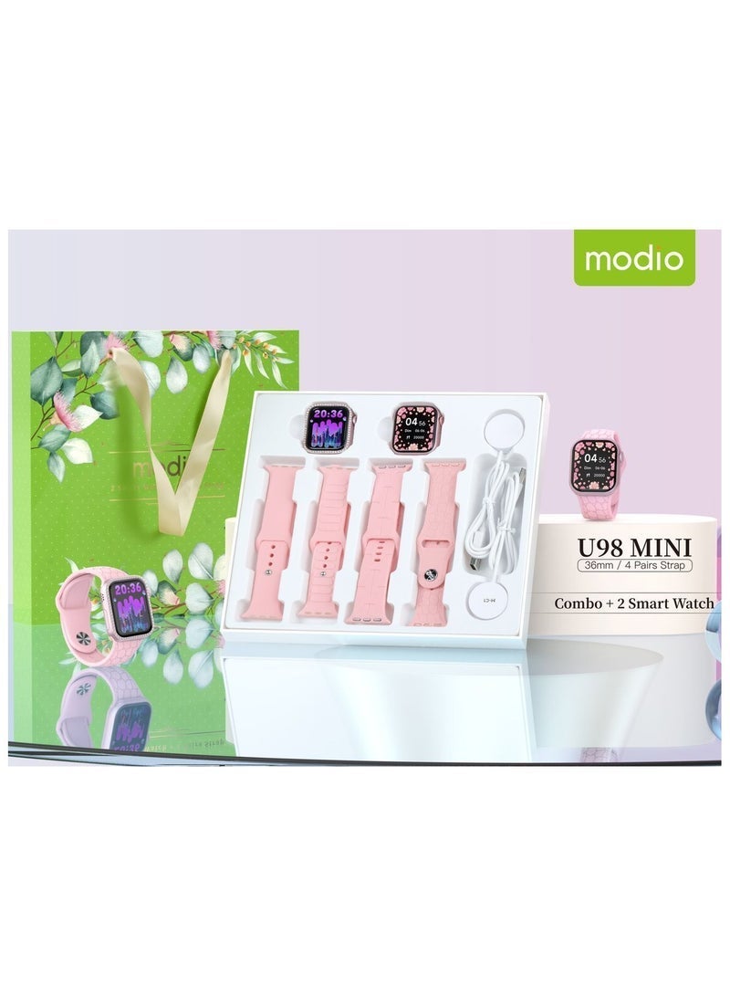 Modio U98 MINI 36mm Smartwatch Combo for Ladies and Girls – Elegant Pink Smart Watch with 4 Interchangeable Straps and Wireless Charger – Compact Touch Display, Fitness Tracking, Call Alerts, and Stylish All-Day Wear for Workouts or Fashion - Image 1