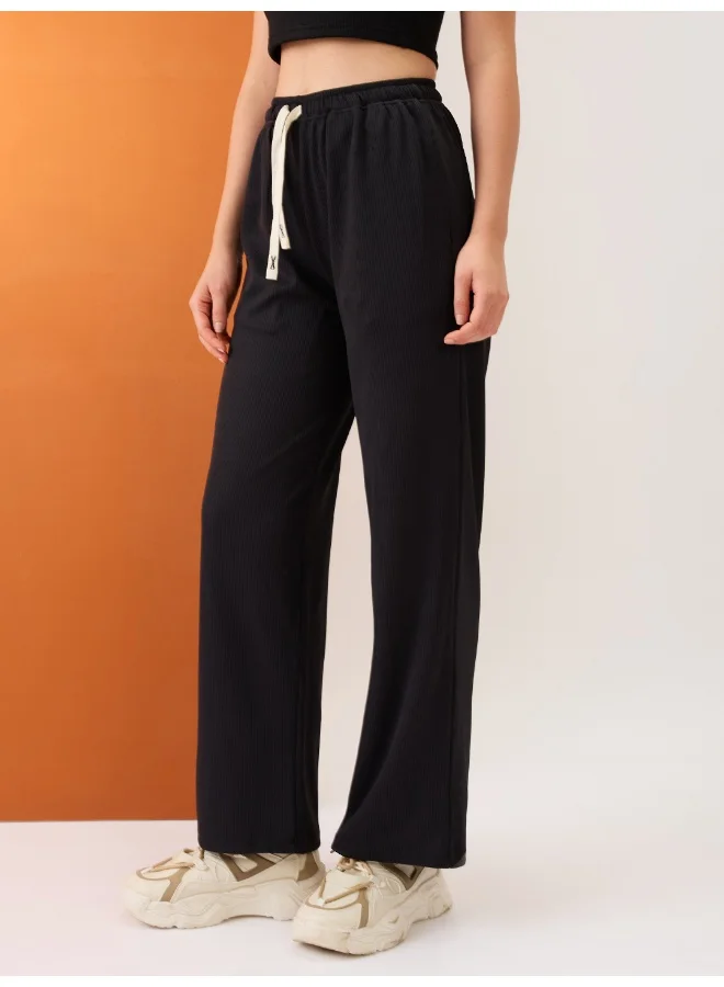 globus Women Black Self Design Mid-Rise Stretchable Straight Fit Trousers