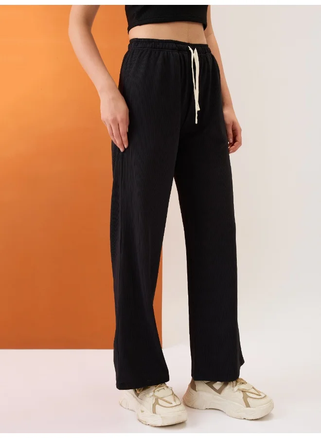 globus Women Black Self Design Mid-Rise Stretchable Straight Fit Trousers