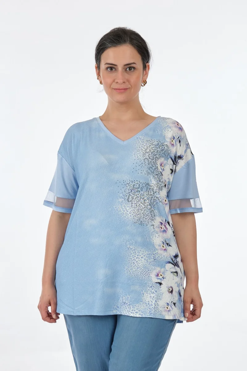 توميل V-neck Plus Size Baby Blue Women's T-Shirt MY2150P10753