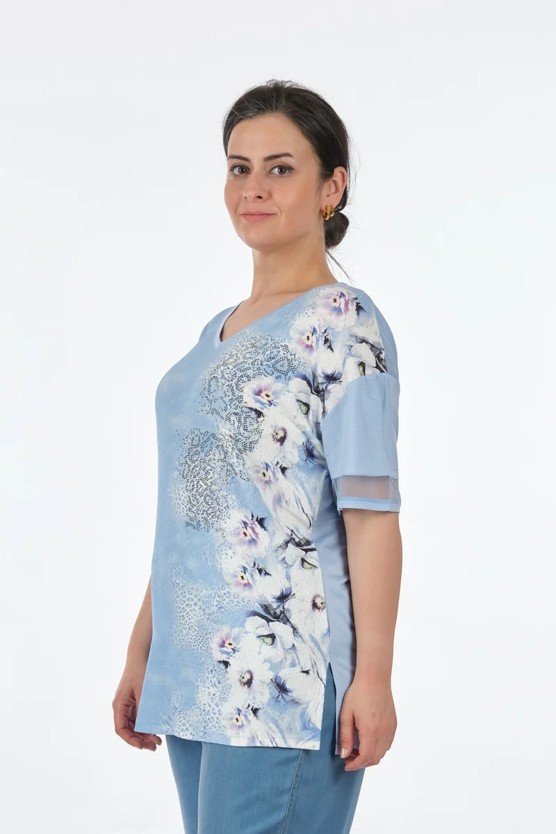 توميل V-neck Plus Size Baby Blue Women's T-Shirt MY2150P10753