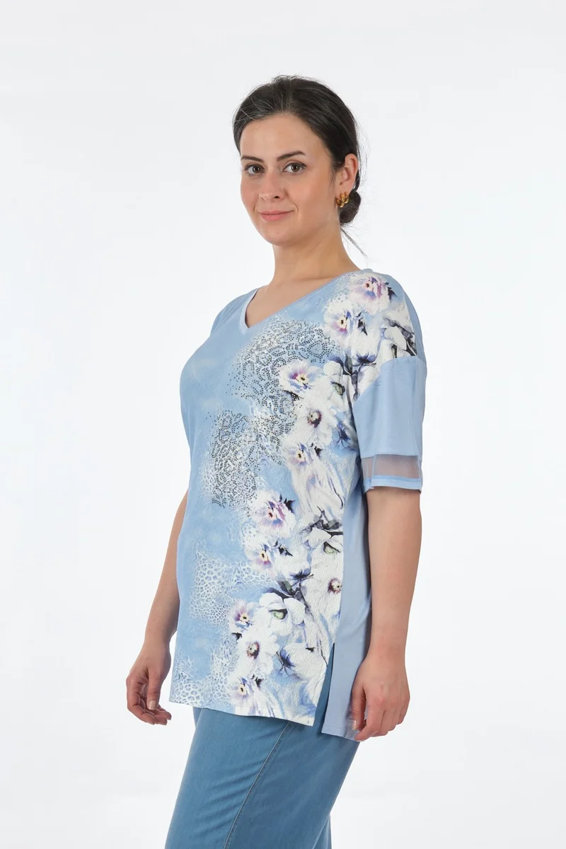 توميل V-neck Plus Size Baby Blue Women's T-Shirt MY2150P10753