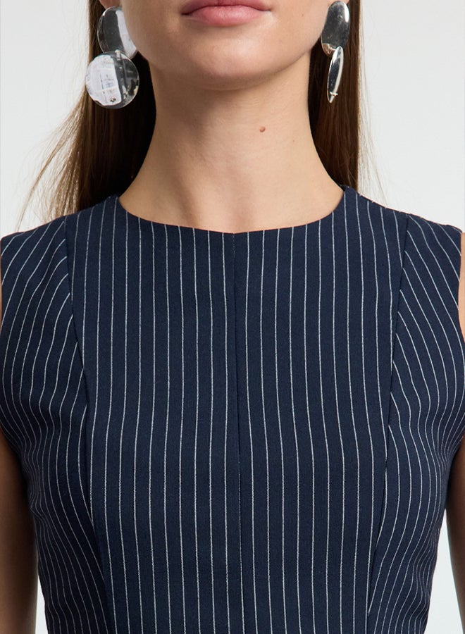 trendyol Navy Blue Striped Skirt Waist Opening Crew Neck Mini Polyviscon Woven Dress TWOAW25EL00244 - Image 3