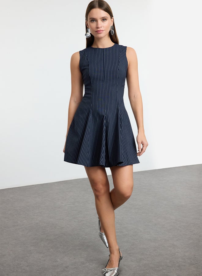 trendyol Navy Blue Striped Skirt Waist Opening Crew Neck Mini Polyviscon Woven Dress TWOAW25EL00244 - Image 1
