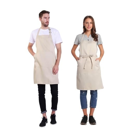 BIGHAS Adjustable Bib Apron with Pocket Extra Long Ties for Women Men, 18 Colors, Chef, Kitchen, Home, Restaurant, Cafe, Cooking, Baking (Beige) - Image 2