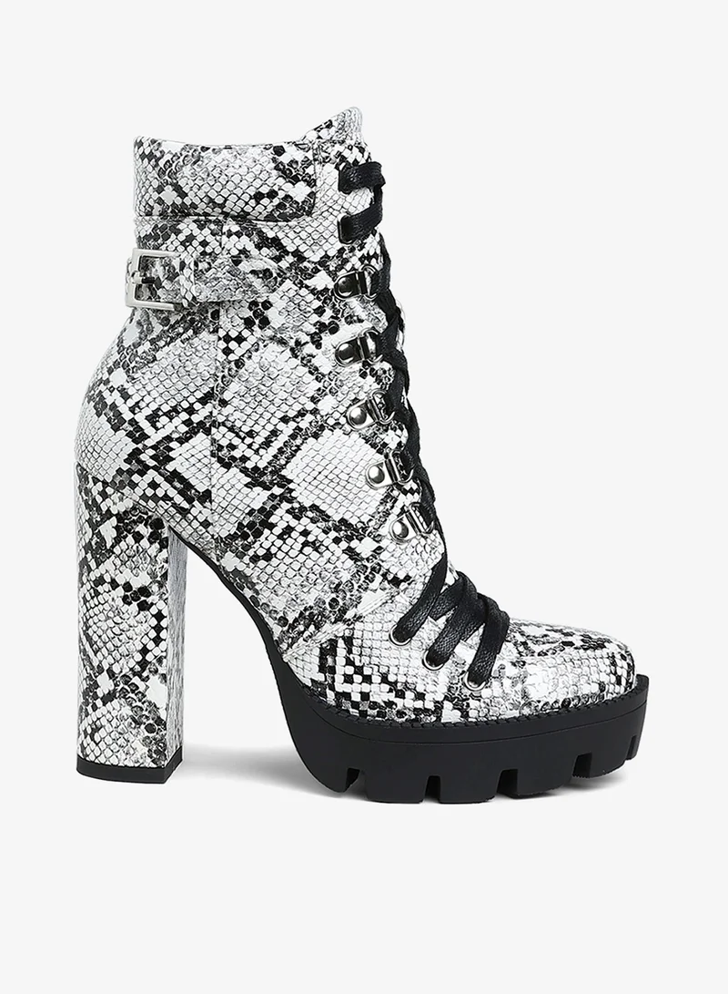 Black Snake Skin Cushion Collared Ankle Boots