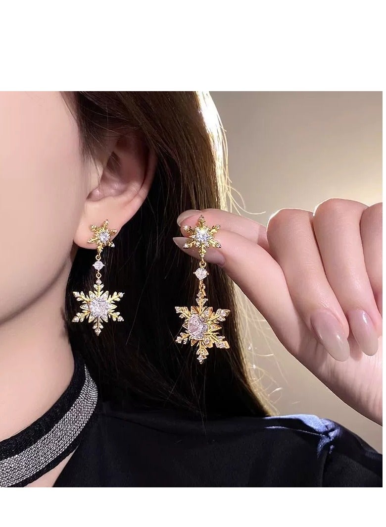 Luxury Zircon Snowflake Earrings for Women – High-End Rhodium Plated, Full Diamond Double Tassel Design, Fashionable and Elegant Studs, Trendy 2025 New Collection - Image 1