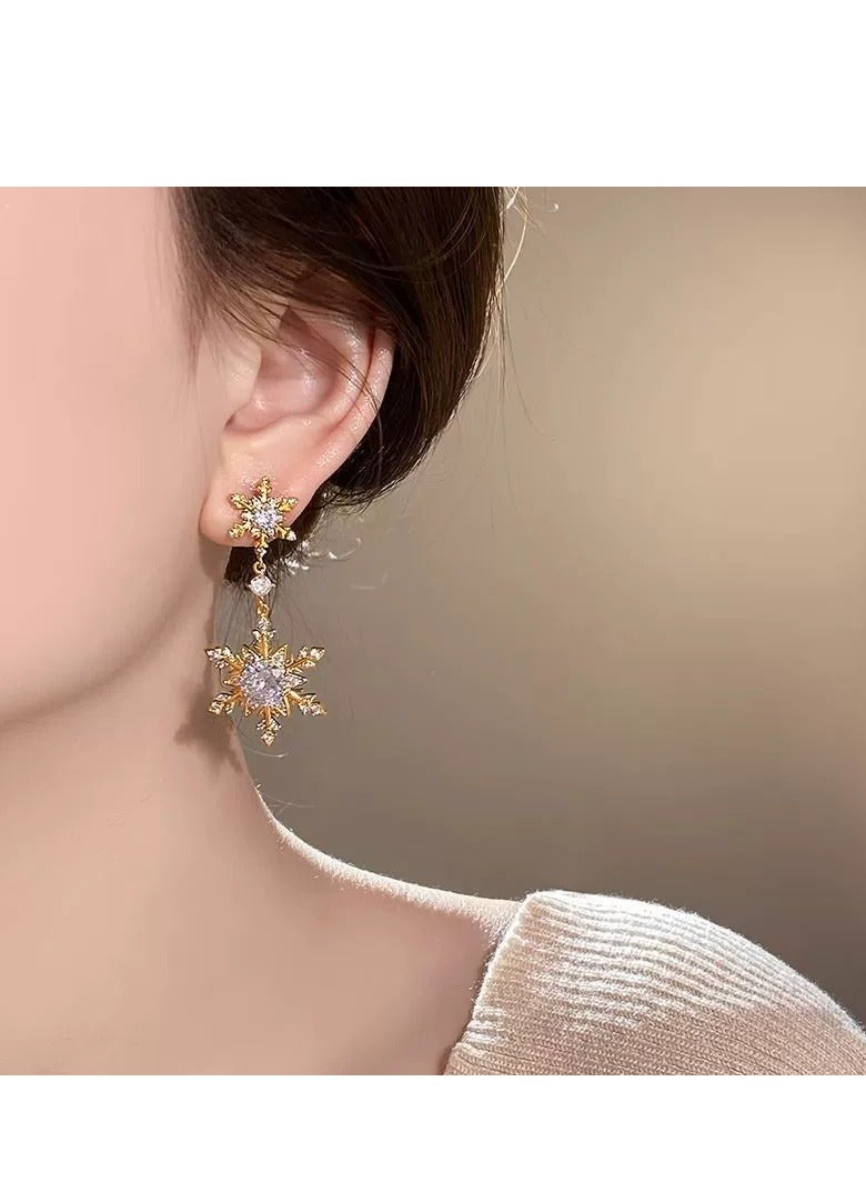 Luxury Zircon Snowflake Earrings for Women – High-End Rhodium Plated, Full Diamond Double Tassel Design, Fashionable and Elegant Studs, Trendy 2025 New Collection - Image 2