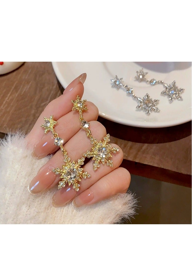 Luxury Zircon Snowflake Earrings for Women – High-End Rhodium Plated, Full Diamond Double Tassel Design, Fashionable and Elegant Studs, Trendy 2025 New Collection - Image 5
