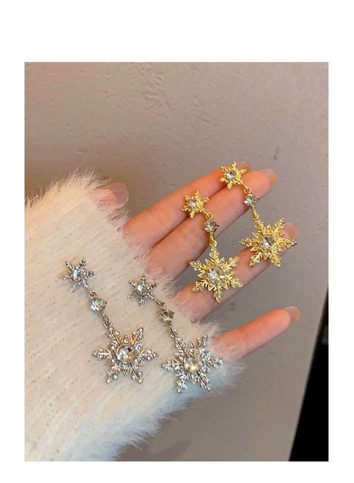 Luxury Zircon Snowflake Earrings for Women – High-End Rhodium Plated, Full Diamond Double Tassel Design, Fashionable and Elegant Studs, Trendy 2025 New Collection - Image 3