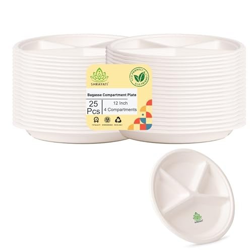 Shrayati Sugarcane Bagasse Plates - 12 Inch, 25 Pcs, 4 Compartment, Round Disposable Plates for Parties, Use and Throw Plates, Eco-Friendly - Image 1