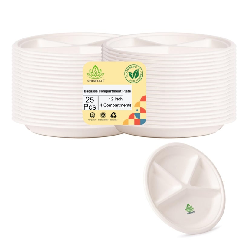 Shrayati Sugarcane Bagasse Plates - 12 Inch, 25 Pcs, 4 Compartment, Round Disposable Plates for Parties, Use and Throw Plates, Eco-Friendly - Image 4